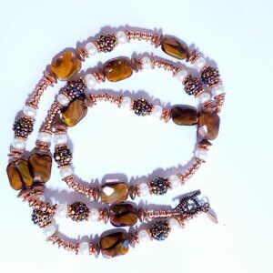 Long Copper,  Genuine Pearls & Glass Beaded Necklace
